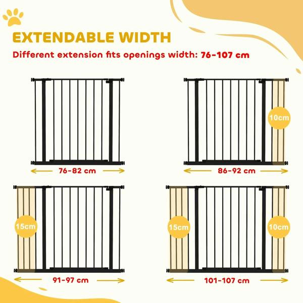 Extendable-width black pet gate with vertical bars and adjustable width sections