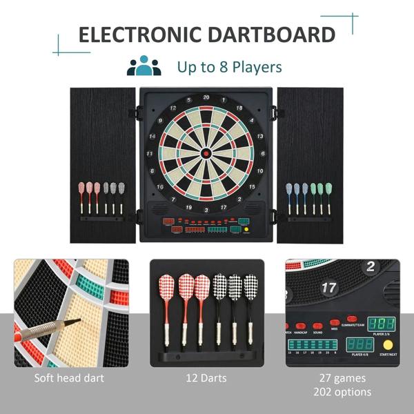 Black electronic dartboard with cabinet and dart storage compartments on both sides