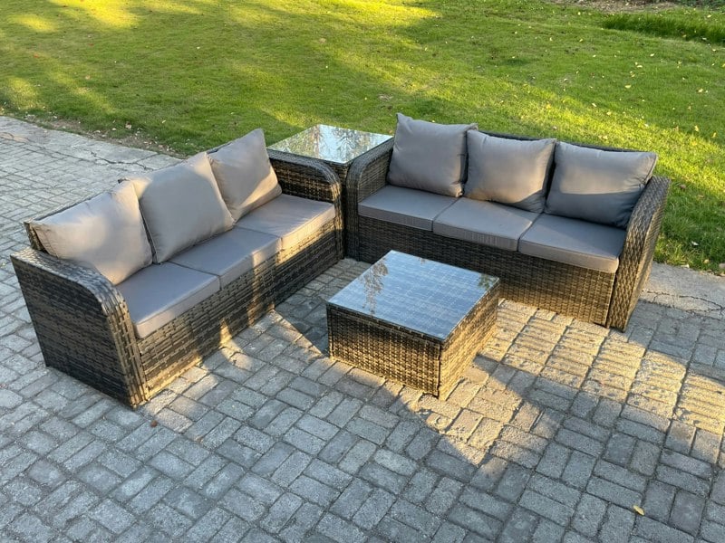 Fimous Indoor Outdoor Rattan Garden Furniture 6 Seater Set Table Sofa Chair Patio Conservatory with Grey Cushions Side Table