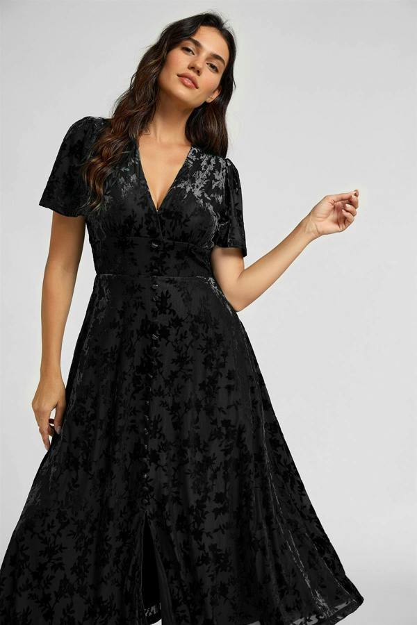 FS Collection Floral Velvet Devore V neckline Dress In Black