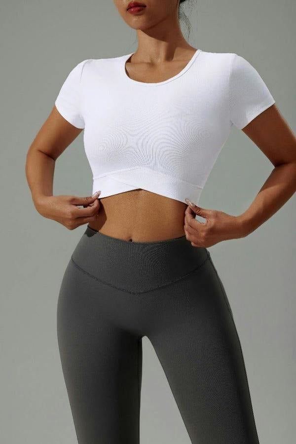 Anniou Short Sleeve Yoga Crop Top - white
