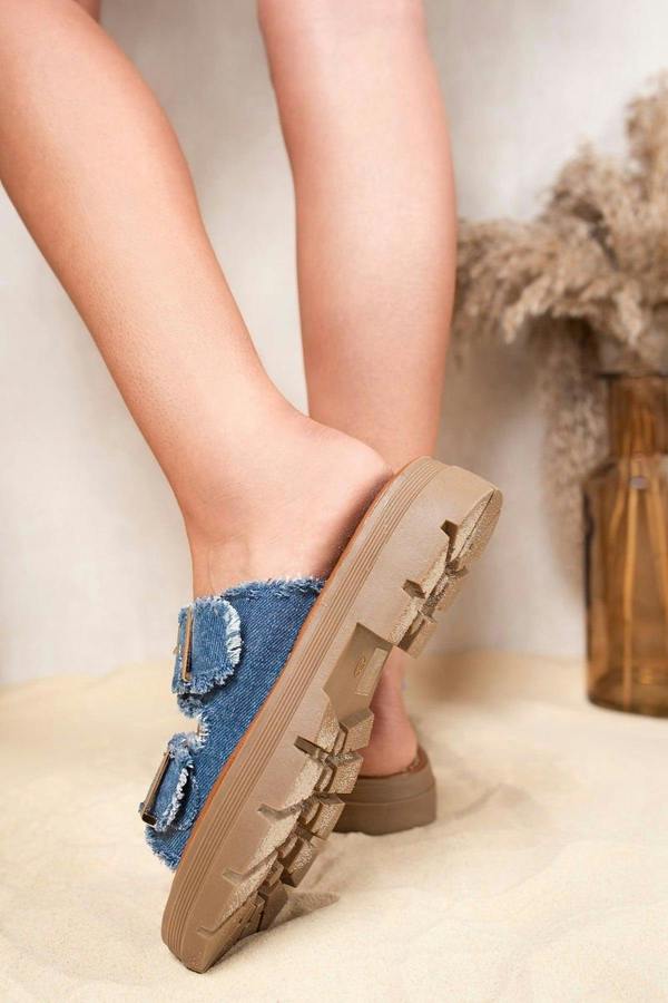 Madelina Double Buckle Denim Platform Sandals - D.Blue