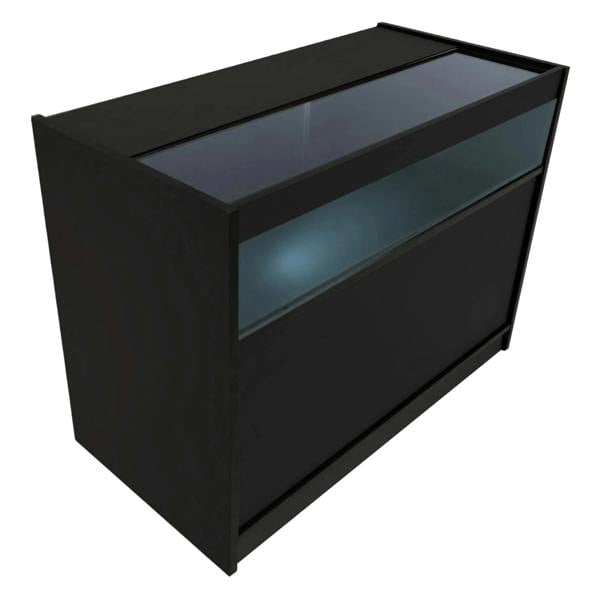 Triton LED shop counter set in sleek black, featuring a glass top and illuminated display area for showcasing products
