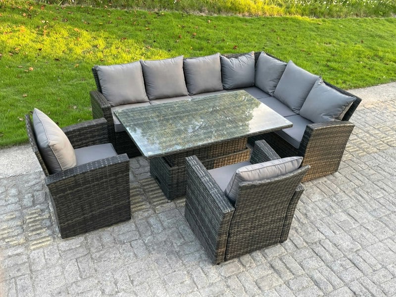 Fimous High Back 8 Seater Rattan Corner Sofa Garden Furniture Set with Adjustable Rising Dining Table & 2 Chairs