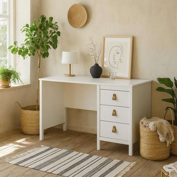 Wyld Haus Wildberry Matt White Wooden Desk 3 Drawers Leather Handles