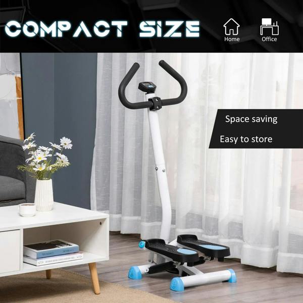Blue twister stepper with dual pedals and handlebars, compact standing design