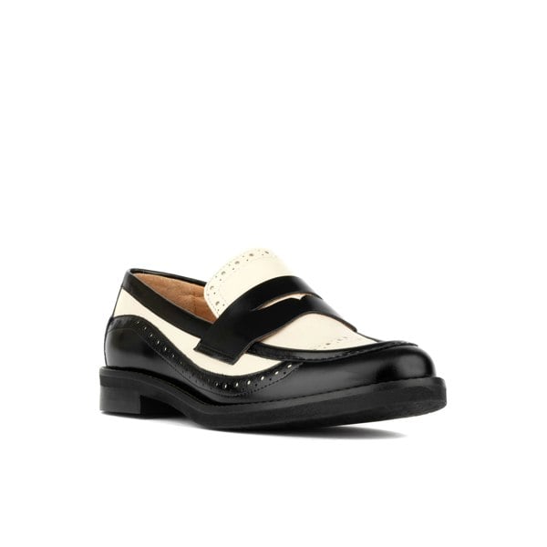 Embassy London Angelina - Black & Cream - Women's leather almond toe penny loafer with broguing