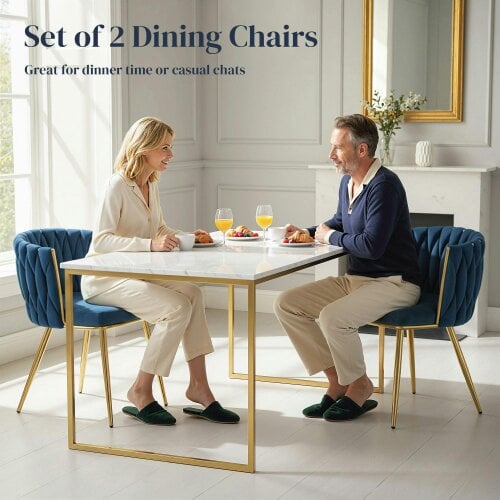 Wyld Haus Sosura Set Of 2 Dark Blue Velvet Upholstered Dining Chairs With Woven Back And Arms