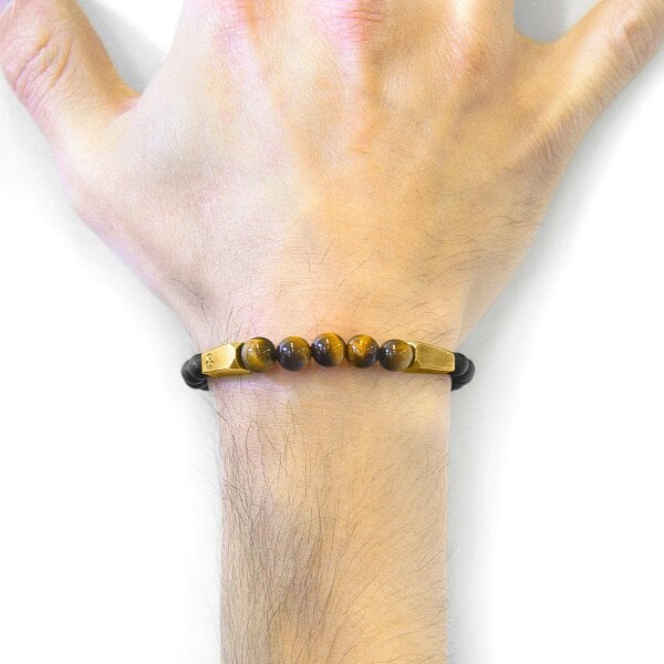 Anchor & Crew Brown Tigers Eye Hukou 9ct Yellow Gold and Stone Bracelet