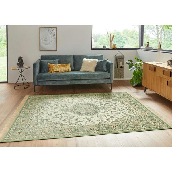 Oriental Velvet With Fringes Antik Nain Green Rug, soft pile, easy care.