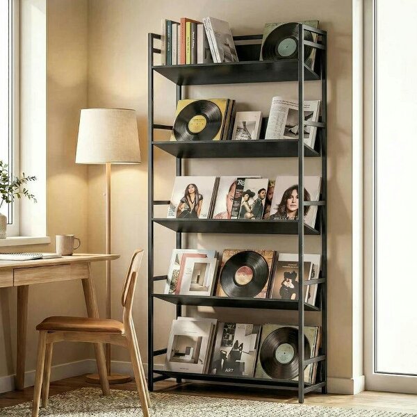 Bookshelf 5-Tier Metal Frame Bookcase Storage Shelves for Living Room Black - Black