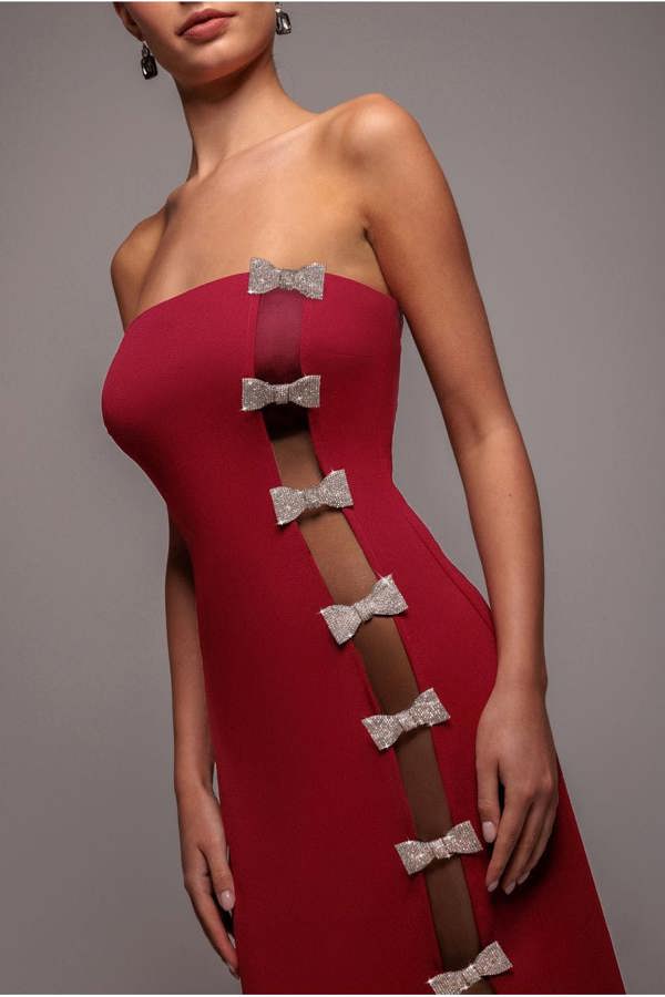 Bow Embellished Strapless Mermaid Maxi Dress - Wine DR4422