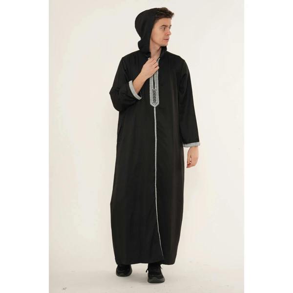 Men's Hooded Gandoura Embroidery Moroccan Thobe - Black - Thobez - 5