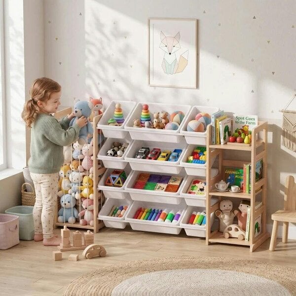 Bobobiy Wooden Toy Storage Unit with Stuffed Animal Storage, Bookshelf and 12 Bins for Kids Rooms, Bedroom, Playroom, Nursery