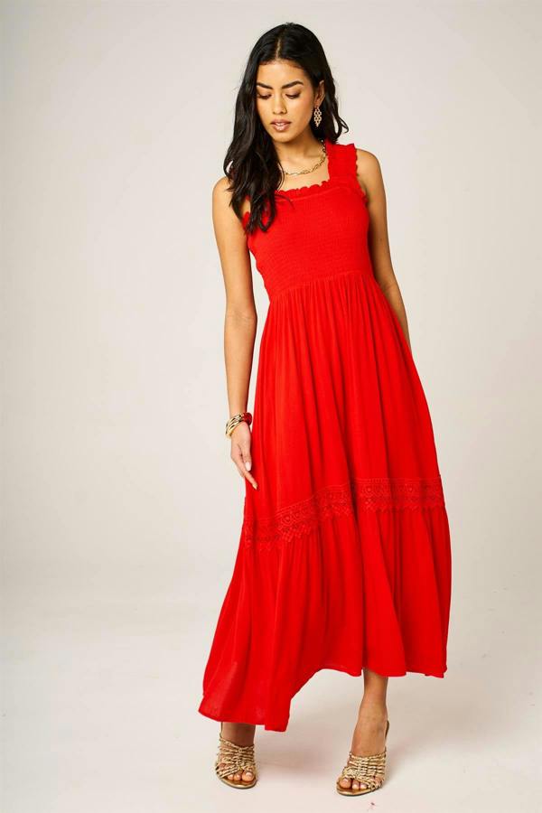 FS Collection Lace Detail Tiered Maxi Dress In Red
