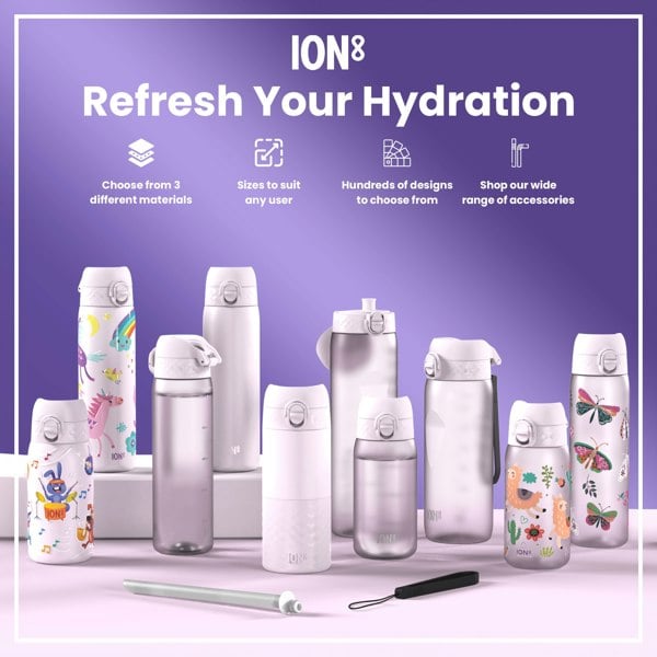 Various ION8 water bottles, in different sizes and designs, are displayed on a lavender surface; accessories are also shown. Choose from 3 different materials. Sizes to suit any user. Hundreds of designs to choose from. Shop our wide range of accessories.