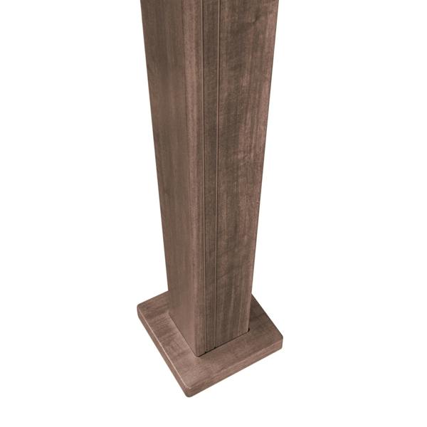Wood effect aluminium pergola post with a square base, showcasing a textured wood-like finish in a warm brown color