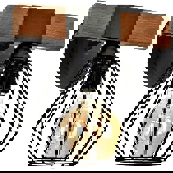 Milagro Ulf Hand Made Pendant Lamp Matt Black Cage Natural Wood Rugged Industrial Chic