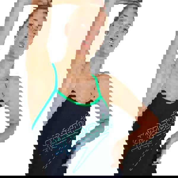 Sleek navy Speedo Hyperboom Turnback swimsuit with green teal accents