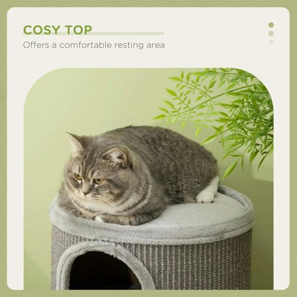 Light grey cat climbing frame top platform with resting surface and front circular tunnel opening
