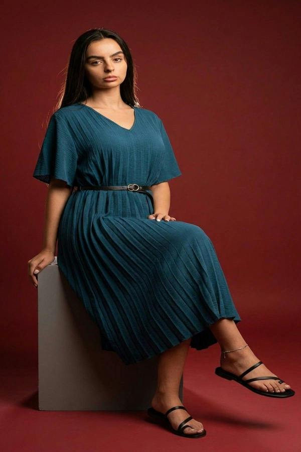Elidi Short Sleeve Pleated Midi Dress With Waist Belt - Petrol