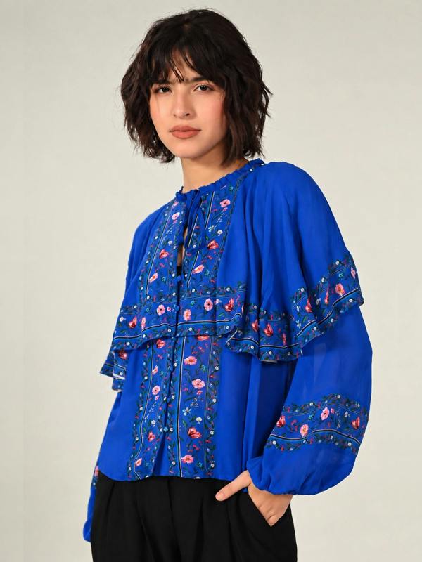 Rose & Nancy Tory Blue Floral Cape Blouse