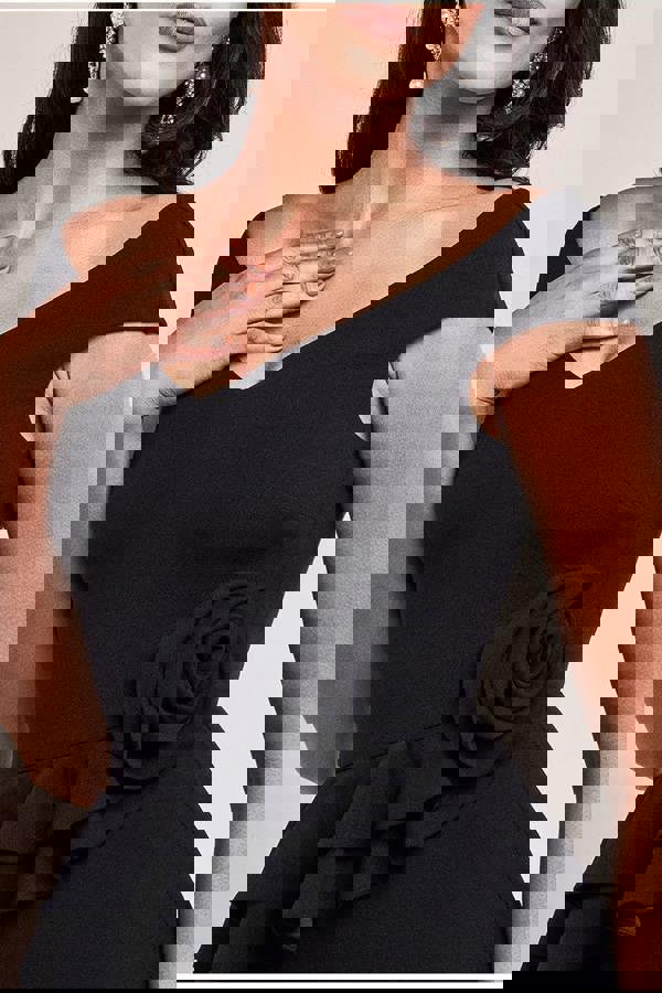 Scuba Crepe Rose Frill Midi Dress - Black DR4300