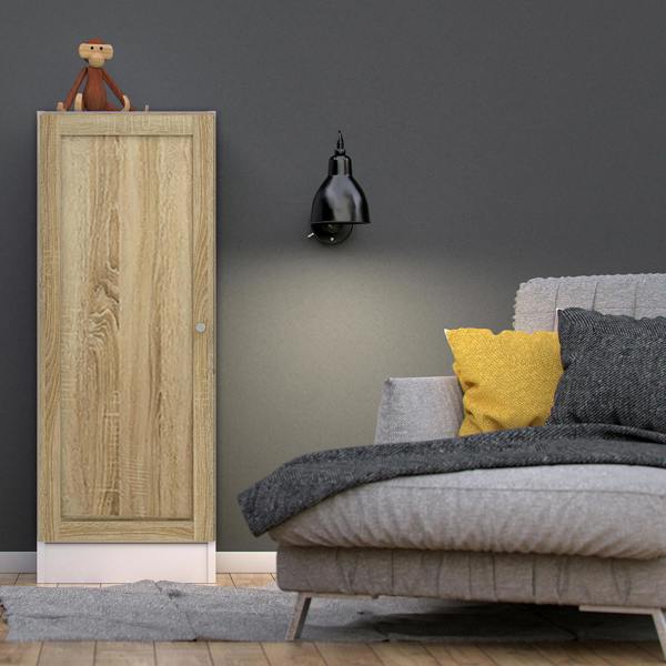 Furniture To Go Basic Low Narrow Storage Cabinet in White (2 Shelves) with Oak Door