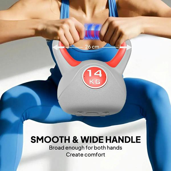 14 kg kettlebell with smooth wide red handle and grey body, front label visible.