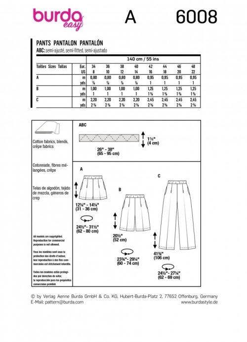 Burda Sewing Pattern 6008 Shorts and Trousers For Women, 8-22 (34-48) - Easy