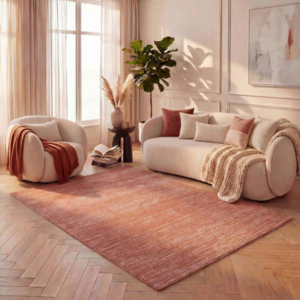 Carmel terra striped design rug, non-shedding, soft pile, cotton backing, machine-made rug.