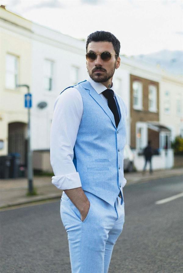 Infinity Leather Men's Summer 2 Piece Suit Linen Formal Light Blue Waistcoat Trousers