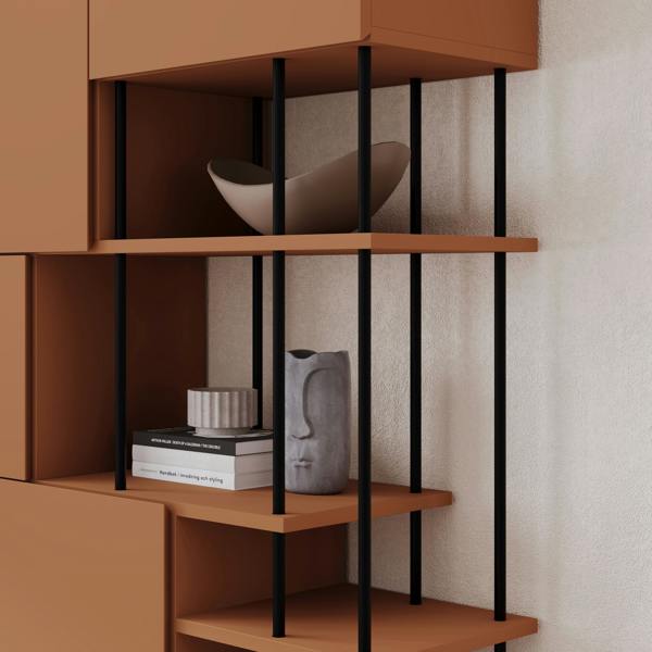Decortie Modern Key Bookcase 5-Doors Storage Cabinet and Minimal Open Shelves Display Unit Metal Legs 84(W)x175(H)cm