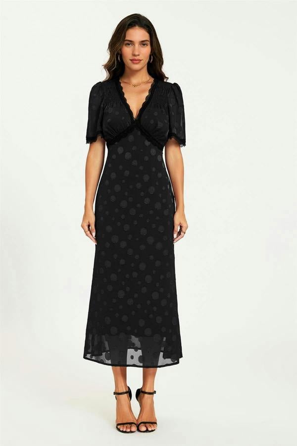 FS Collection Polka Dot Jacquard Lace Trim Midi Dress In Black