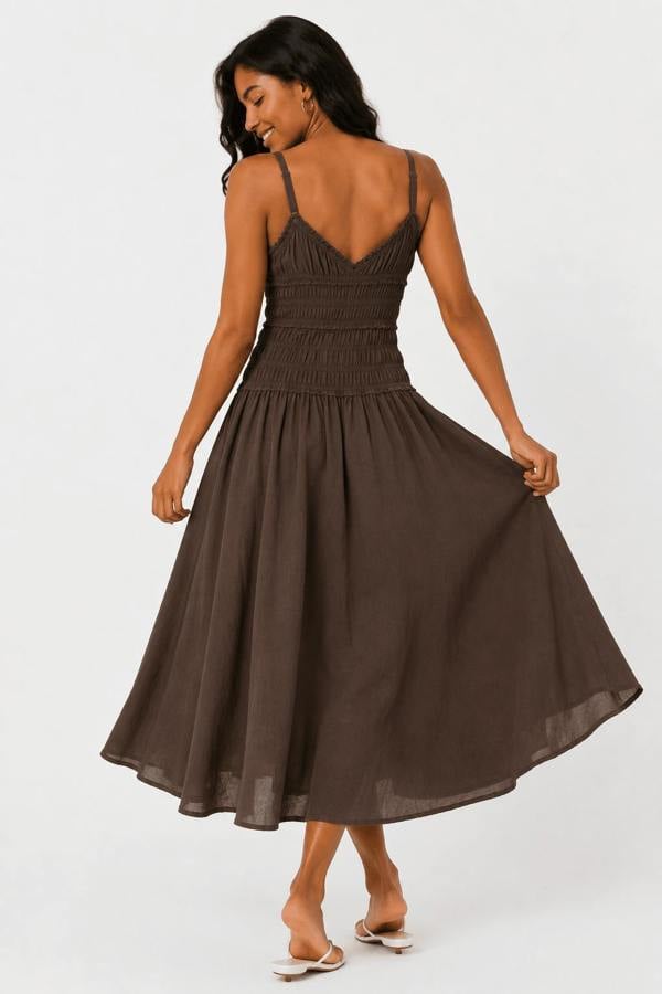 Claudio Lugli Sleeveless Shirred Linen Midi Dress — women's summer linen dress