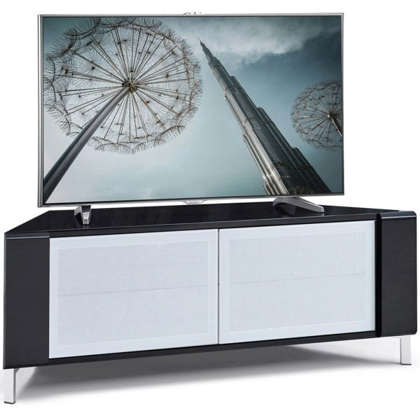 MDA Designs CORVUS Corner-Friendly Gloss Black Contemporary Cabinet with Black Profiles White BeamThru Glass Doors for Flat Screen TVs up to 50"