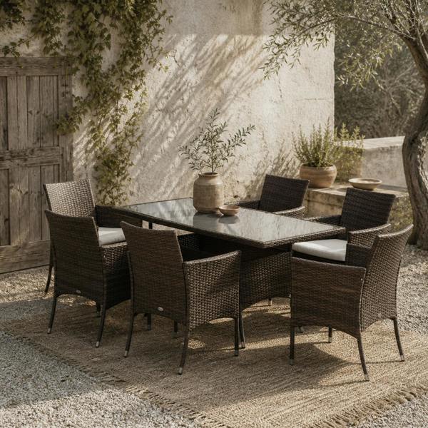 Wyld Haus Dine Rattan Brown 6 Seater Outdoor Dining Set With Cushioned Armchairs And Rectangular Glass Table