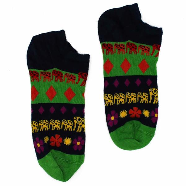 Low bamboo socks with navy cuff, green band, animal and diamond pattern with red accents