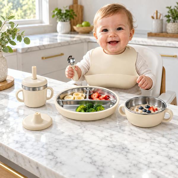 Maison des Cadeaux Set of 7 Baby Feeding & Weaning Set with Stainless Steel Plate, Bowl, Bib, Cup & Cutlery-Cream