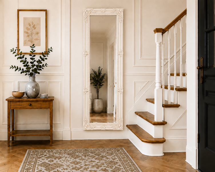 Downton Interiors Antique Style Cream Tall Ornate Dressing Wall Mirror with Bevelled Glass 142cm