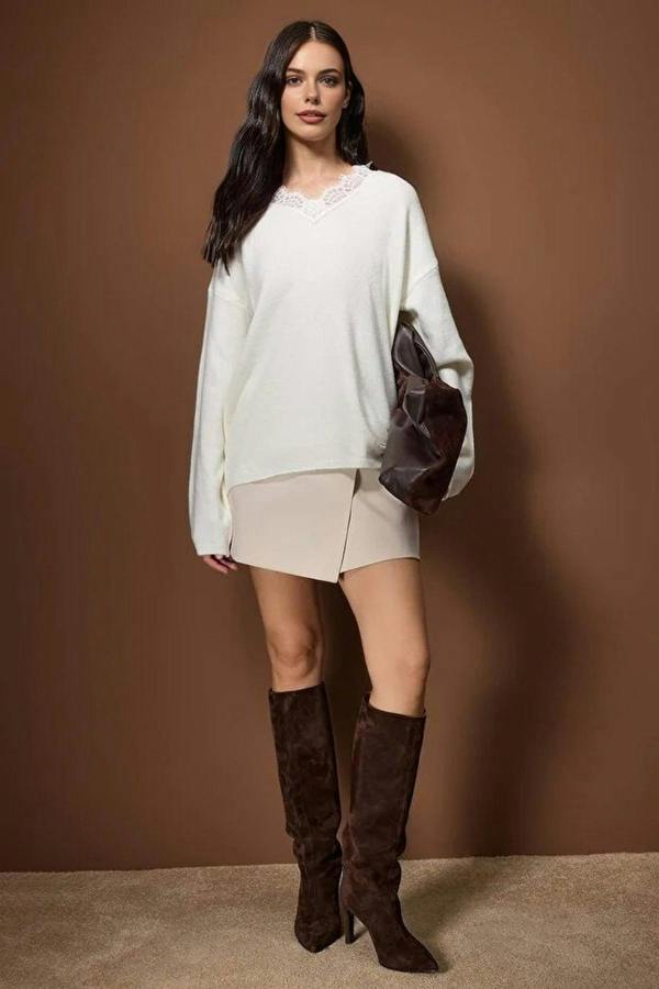 WOVCOR Soft Textured V-Neck Lace Knit Sweater
