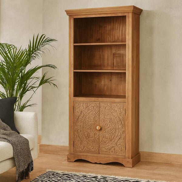 Wyld Haus Brighton Mango Wood Large Bookcase 3 Shelves and 2 Doors