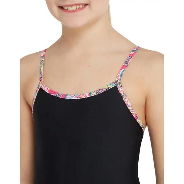 Zoggs girls heavenly classicback swimsuit in black with colorful floral straps