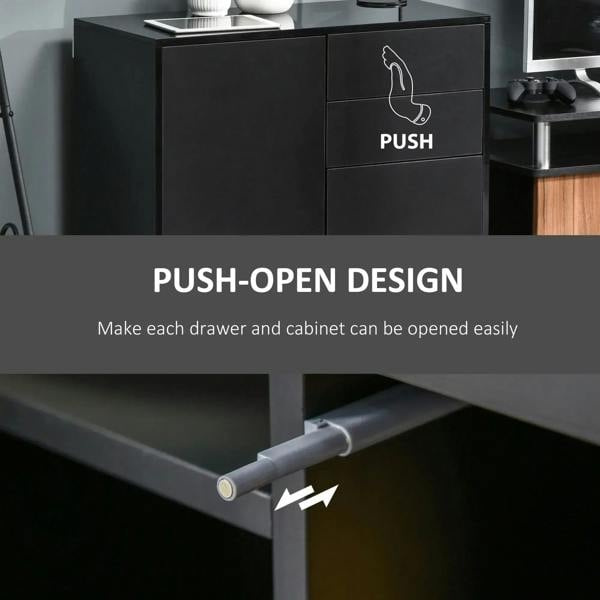 Black push-open sideboard cabinet showing drawer and door fronts
