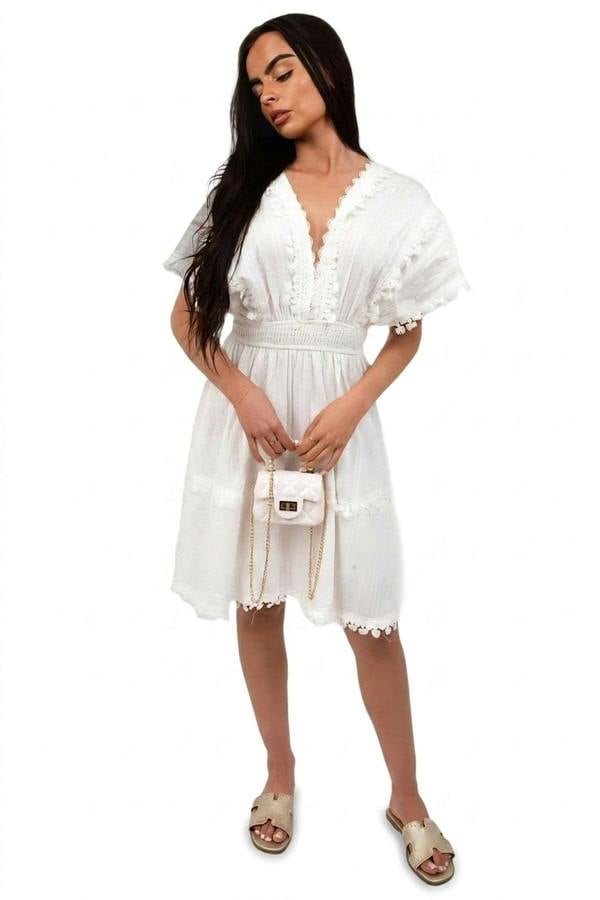 Serina Short Sleeve Deep V-neck Mini Dress With Open Back And Lace Trim - White_wb