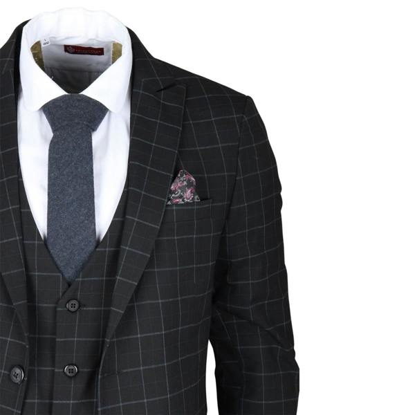Infinity Leather Men's Black Checked 3 Piece Suit Tailored Fit