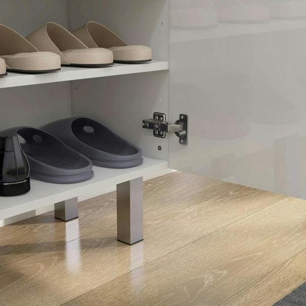 White shoe cabinet interior with two shelves and hinge hardware