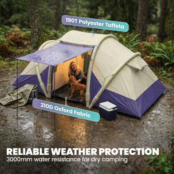 Inflatable Tent 2 Bedroom Tunnel Design Windproof Air Tent with Carry Bag for 4 Person