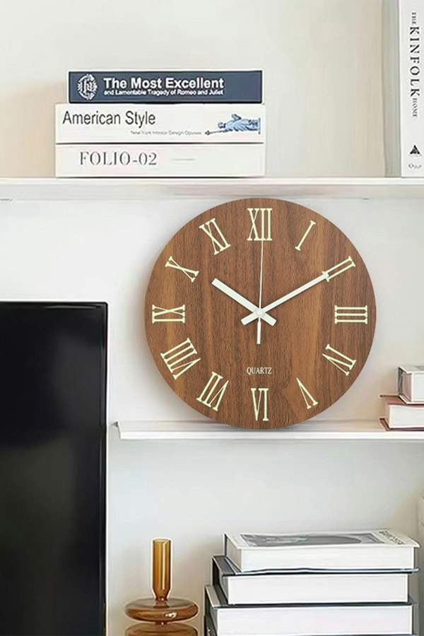 Living and Home 12-Inch Modern Luminous Wood Silent Wall Clock