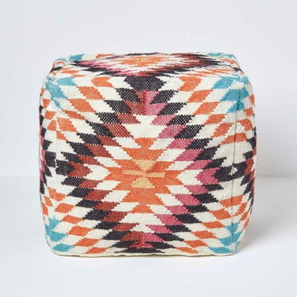 HOMESCAPES Manila Orange and Pink Kilim Footstool Handwoven Beanbag Pouffe - 43 x 43 cm